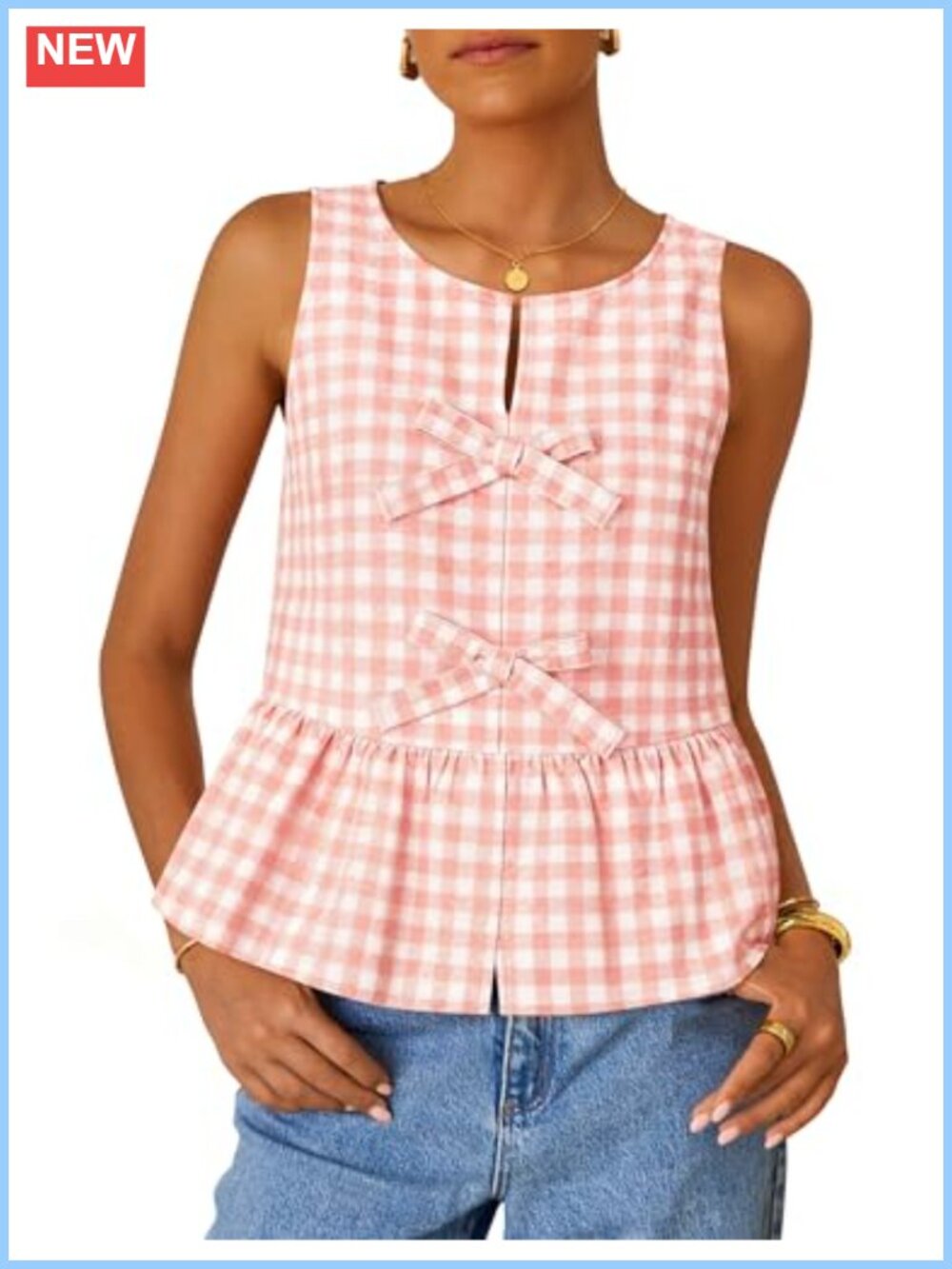 Sleeveless Gingham Tank Top Tie Front Ruffle Peplum Babydoll Blouse